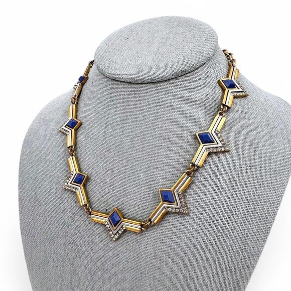 J Crew Art Deco Necklace Blue Clear Rhinestone with Mixed Metal Geometric - Picture 1 of 7